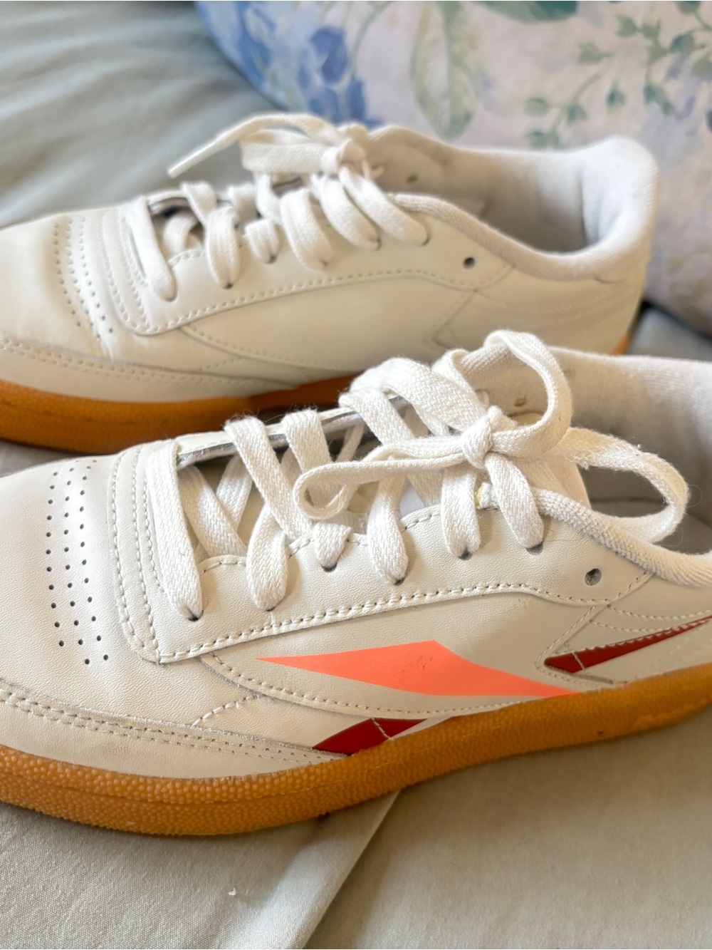 Fall Reebok Classic white sneakers with orange